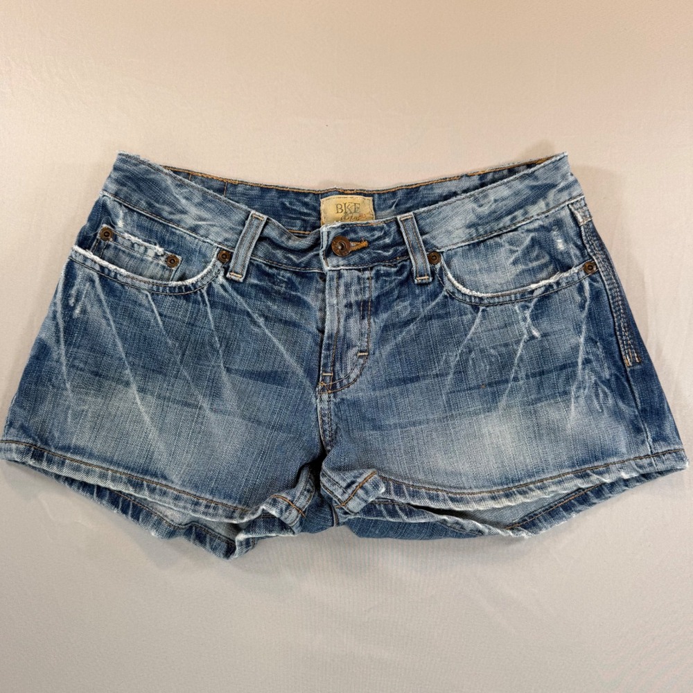 BKE Denim Womens Distressed Low Rise Jean Shorts Blue Whiskered Size 26